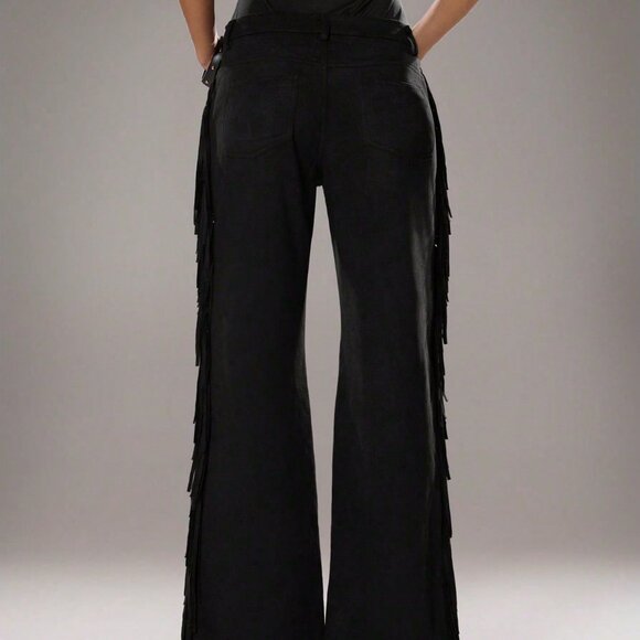 Black Women's Casual Flared Leg Faux Suede Fringe Side Pants - Picture 4 of 7